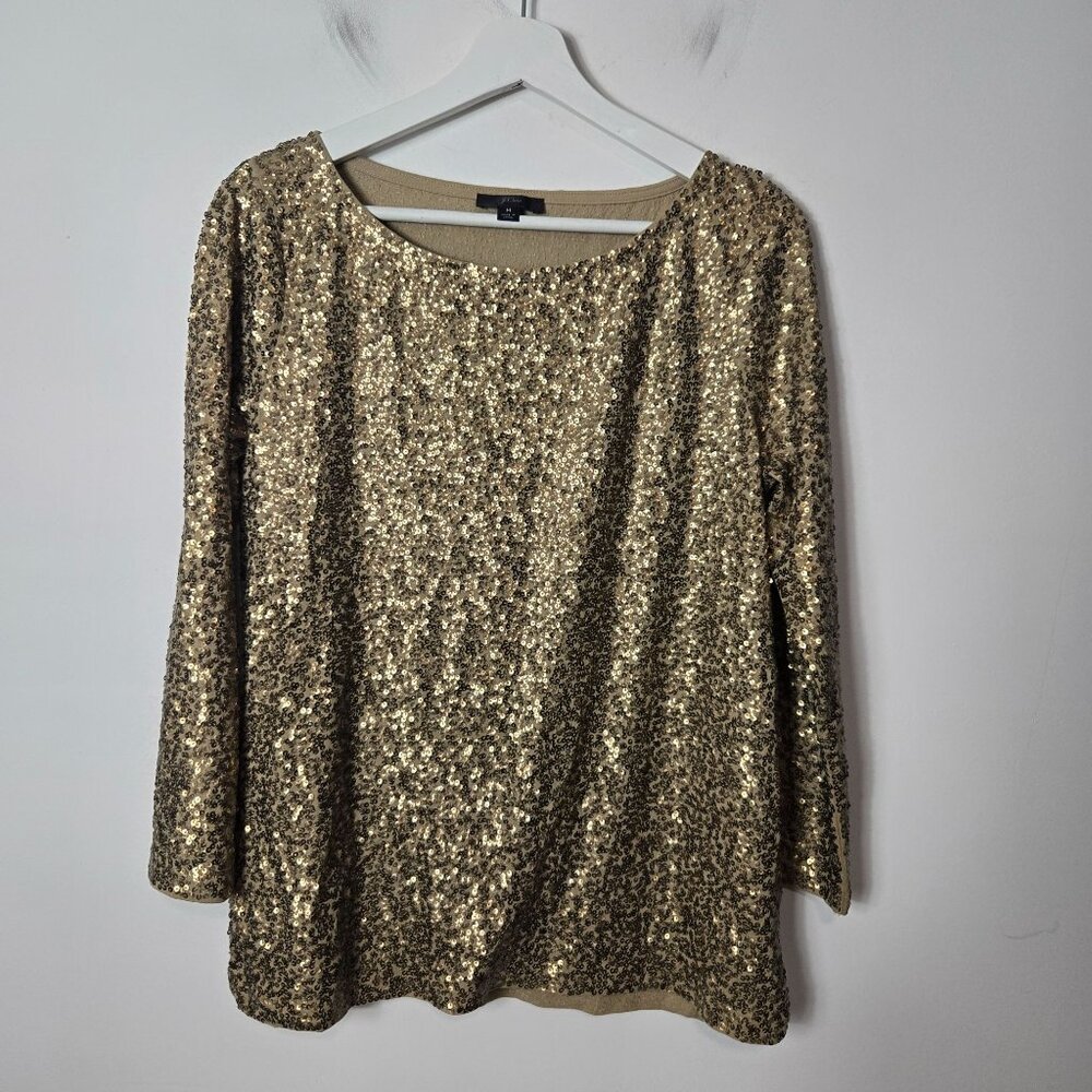 J.Crew Size M Sequined 3/4 Sleeve Boat Neck Gold Top Disco Party Stretch